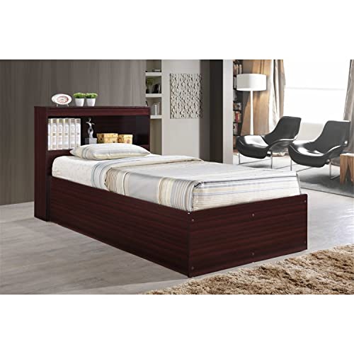 HODEDAH Twin Size Wood Platform Bed with Bookcase Headboard with 3 Drawers for Bedroom Storage Organization, Beech