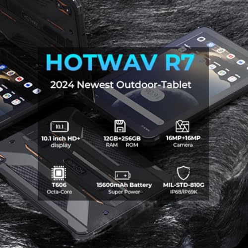 HOTWAV R7 Rugged Tablet Android 13, 15600mAh 10.1 Inch HD+ 12GB+256GB/(2TB TF) Waterproof Tablet PC, 16MP+16MP Camera Octa-Core IP68&IP69K/Dual SIM 4G/5G WiFi/Face ID/GPS/OTG/Widevine L1 (Gray)