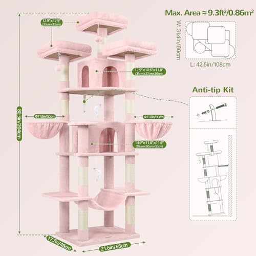 Globlazer Big Cat Tower for Indoor Cats, 80inch Cat Tower for Multiple Adult Cats XXL Cat Tree with Scratching Post, Hammock, 3 Perches, 2 Condos, 2 Hanging Basket, F80, Light Grey