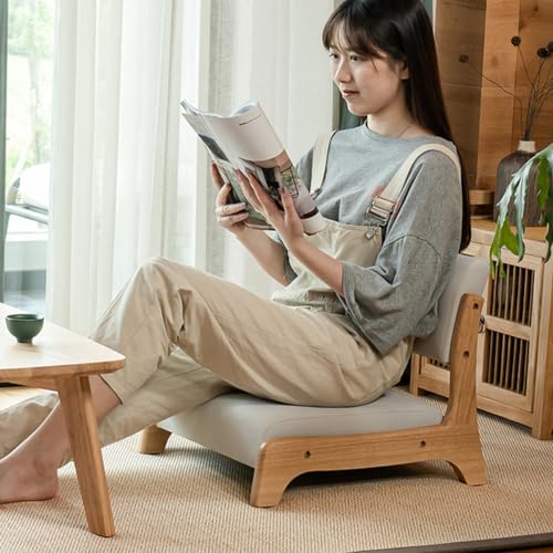 Floor Chair with Back Support, Japanese Floor Chair, Wood Legless Tatami Chair with Cushion, Accent Meditation Floor Seat for Bay Window, Living Room, Bedroom(/Beige A)