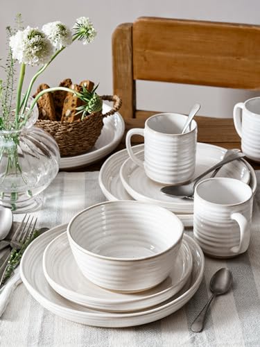 LE TAUCI Dinnerware Sets 16 Piece, Stoneware Plates and Bowls Set, House Warming Wedding Present, Serve for 4 (10" Dinner Plates + 8" Salad Dish + 28 oz Cereal Bowl+12oz coffee mugs) x 4, Arctic White
