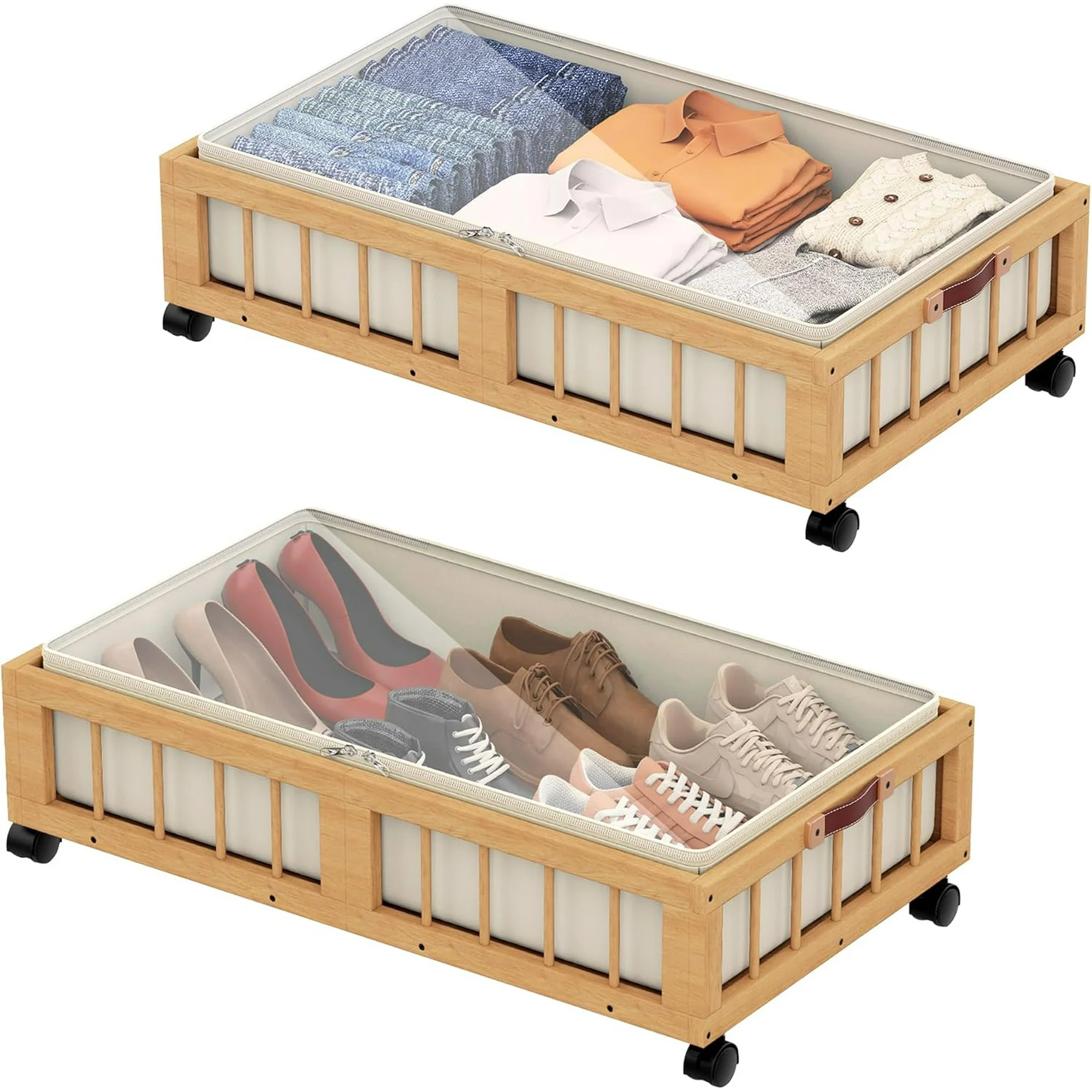 2-Pack Bamboo Under Bed Storage with Wheels, Rolling UnderBed Storage Basket with Large Dust Bag, Under Bed Storage Containers for Bedroom, Dorm and Basement, Black