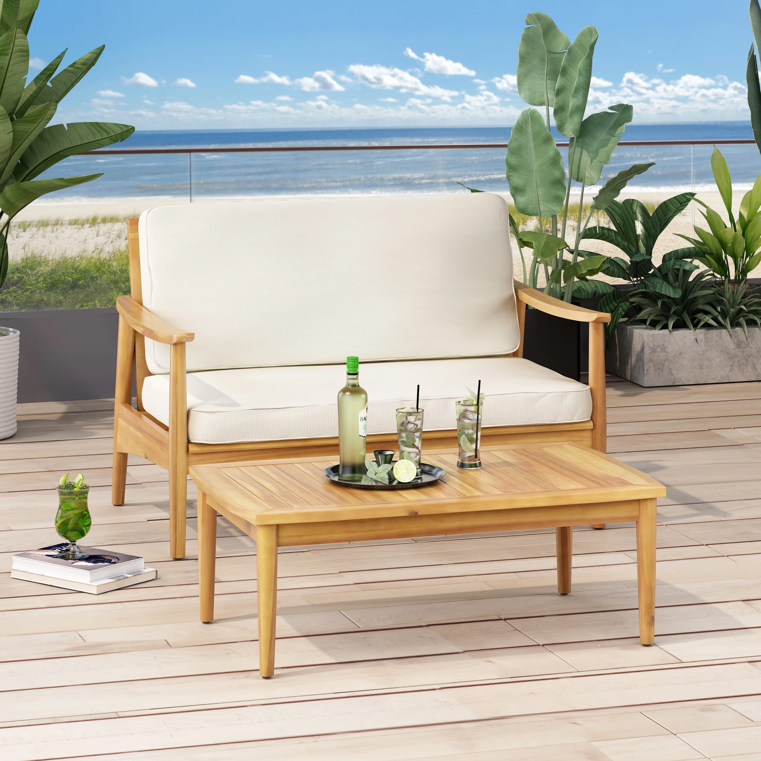 Greta Outdoor Acacia Wood Loveseat Set with Coffee Table, Teak, Beige
