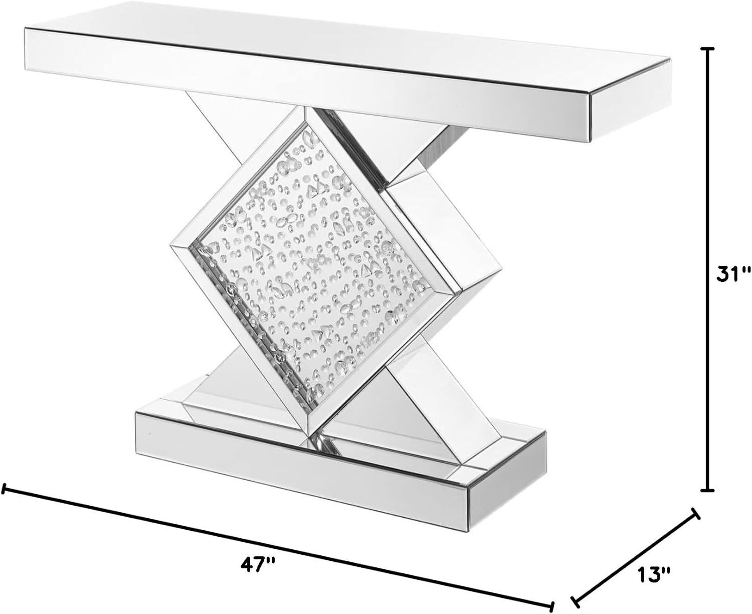 Rectangle Beveled Glass Mirrored Crystal Console Table in Clear Mirror Finish