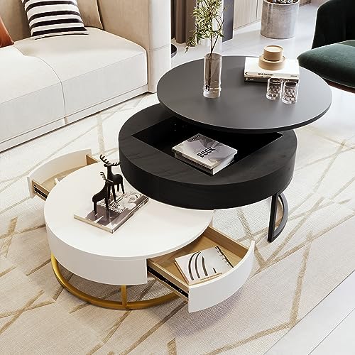 Modern Round Lift-top Nesting Coffee Tables with 2 Drawers for Living Room White & Natural