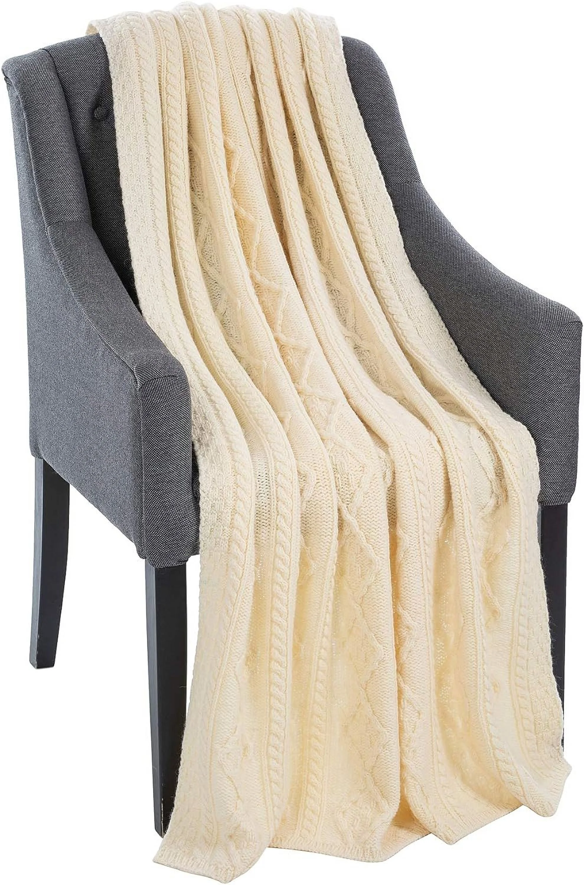 Merino Wool - Aran Knit Couch Throw Blanket 40" X 60" (102 X 152 Cm) (Natural)