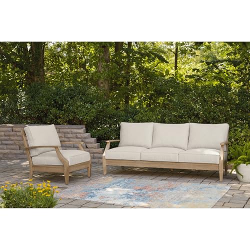 Signature Design by Ashley Carter Hall Outdoor Eucalyptus Patio Sofa with Cushion, Beige