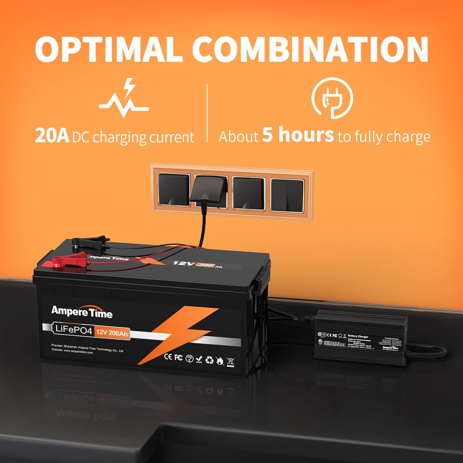 Ampere Time 12V 200Ah LiFePO4 Battery with 14.6V 20A Dedicated Lithium Battery Charger; Built-in 200A BMS, 4000+ Cycles, Perfect for RV, Solar, Marine, Overland, Off-Grid Application��