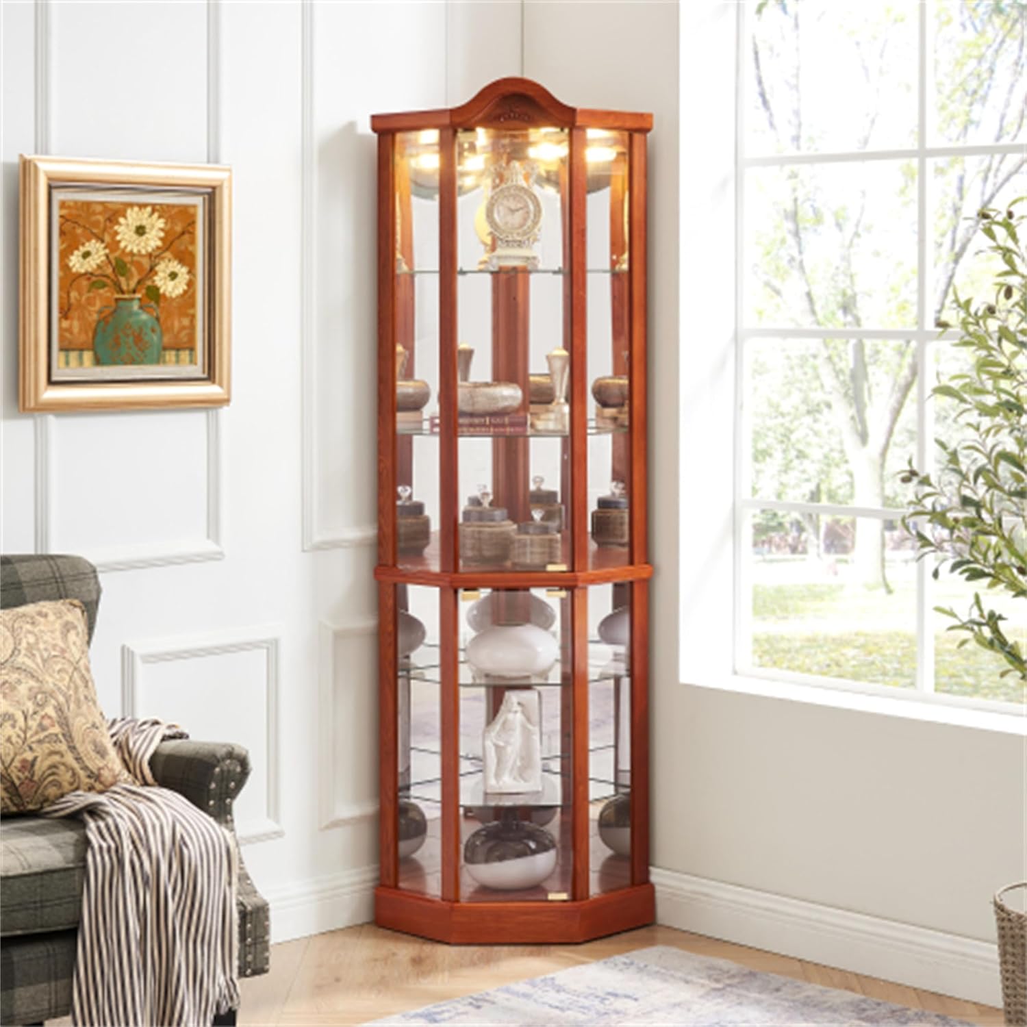 Curio Glass Corner Cabinet with Lights,Wooden Glass Cabinet with Adjustable Shelves,Classic Storage Cabinet,Carved Decoration Display Cabinet for Exhibition, OAK