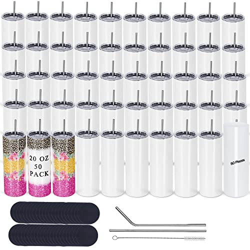 50 Pack Sublimation Tumblers Bulk 20 oz Skinny Straight，Stainless Steel Sublimation Blanks Skinny Tumbler Cups White, Individually Boxed
