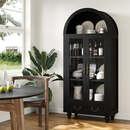 71" Farmhouse Tall Arched Storage Cabinet, Freestanding Cabinet Display Case with Glass Doors, Arched Storage Cabinet for Kitchen Pantry, Dining Room, Bookcase