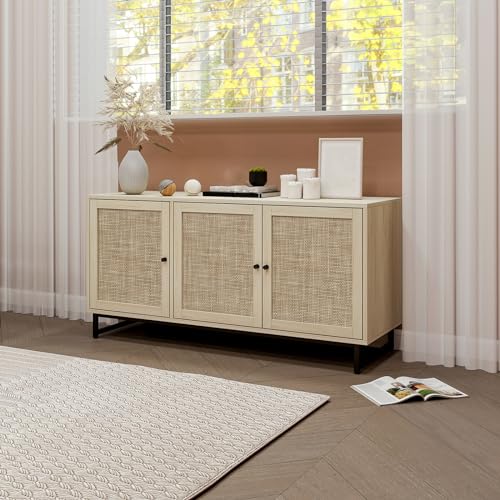 Rattan Sideboard Buffet Cabinet, 2 Tier Rattan Storage Cabinet with 3 Doors & Metal Legs,Wood Shoe Cabinet Storage,Accent Console Table Cabinet for Living Room Kitchen Hallway Entryway