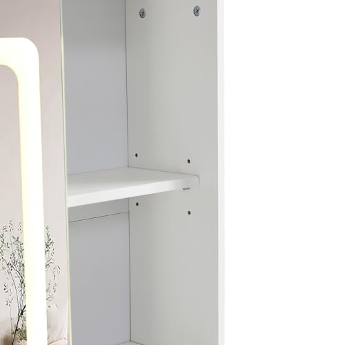 White Vanity Desk With Mirror And Cushioned Stool,Makeup Desk With Right Sliding Mirror,Vanity with Drawers and Open Shelves,Practical Fashionable Vanity Table Dressing Table for Women Girls,31in