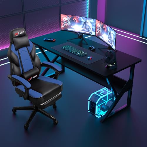 Gaming Chairs for Adults, Computer Chair with Footrest and Ergonomic High Back, Big and Tall Gamer Chairs with Massage Lumbar Support, 360° Swivel Height Adjustable, Blue