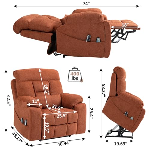 Light Grey Recliner Chair for Elderly | Tall and Big Man 400lbs | Chenille | Power Lift, Lay Flat, Stand Up, Wireless Charging Device, Extended Footrest, Massage Heat, Cup Holder, Lumbar Pillow