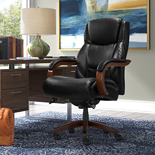 La-Z-Boy Delano Big & Tall Executive Office Chair, Ergonomic Mid-Back Body Pillow Lumbar Support, ComfortCore Memory Foam Cushion, Mahogany Wood Arms & Swivel Base, Bonded Leather, Chestnut Brown