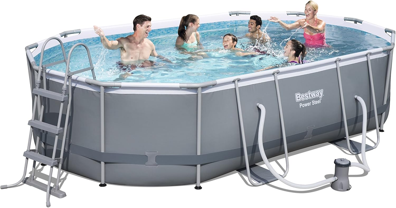 Bestway Power Steel Oval Frame Swimming Pool Set Dark Grey with Filter Pump and Accessories 488 x 305 x 107 cm