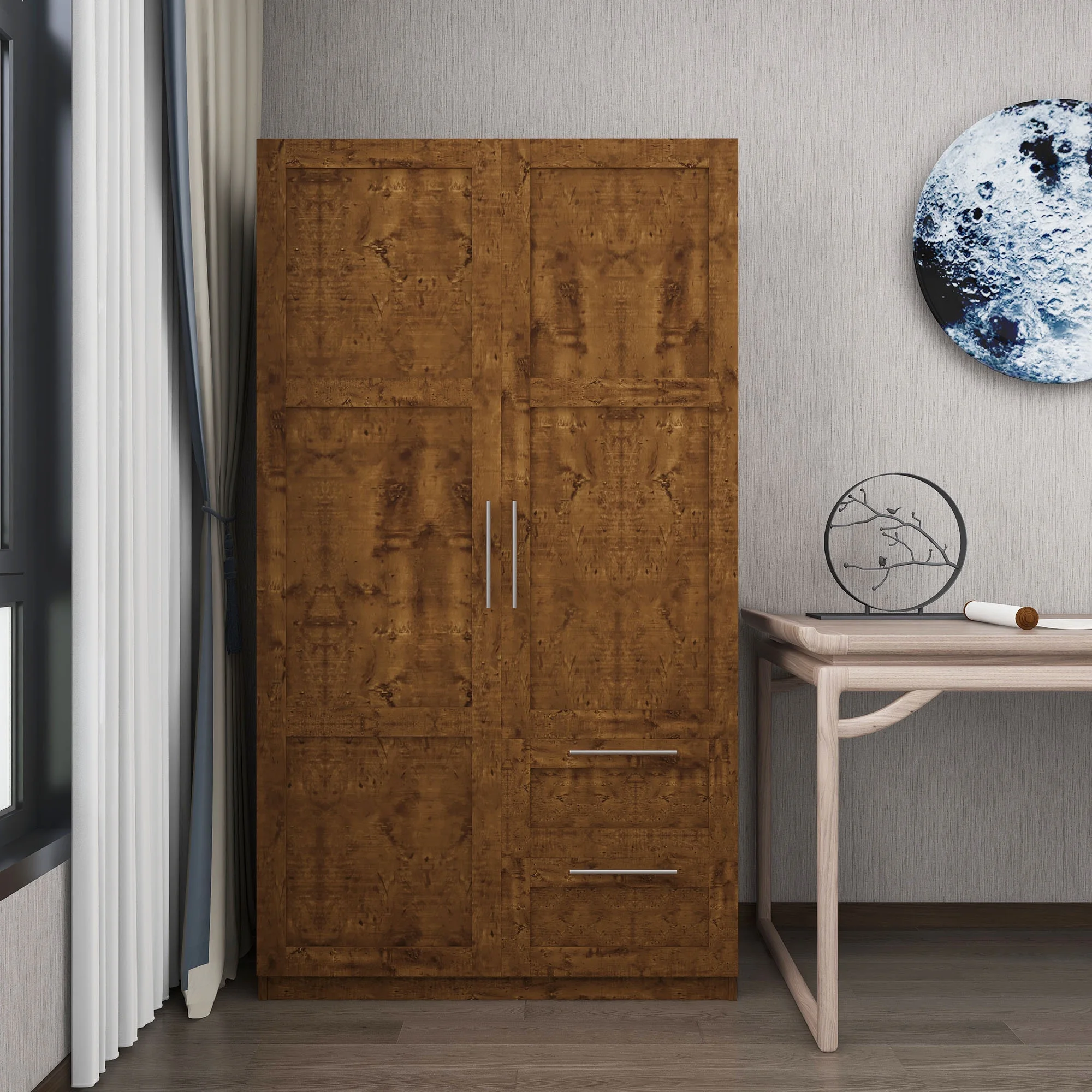 HIUU Double Wardrobe Cabinets,Wood Armoire with Drawers and Shelves for Living Room,Wood Armoire Wardrobe with Hanging Rod,Retro Brown