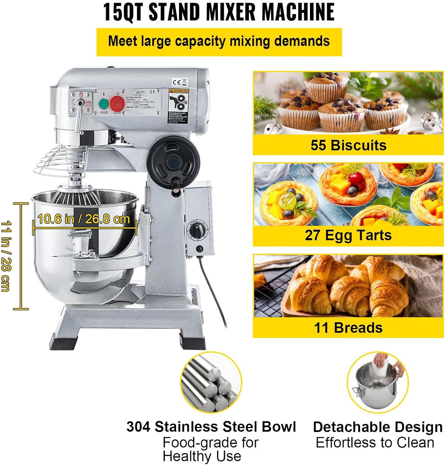 Heavy Duty 15Qt Commercial Food Mixer with Timing Function, 500W Stainless Steel Bowl, 3 Adjustable Speeds - Dough Hook Whisk Beater Included - Perfect for Bakery Pizzeria
