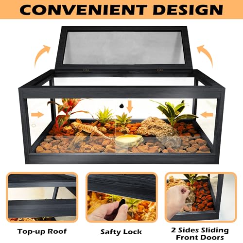 Reptile Terrarium Up to 81 Gallon, Reptile Habitat, Bearded Dragon Tank with Metal Mesh Roof, Suitable for All Types of Reptile, Lizard, Snakes (Black, 63 Gallon (40x20x20 Inch))