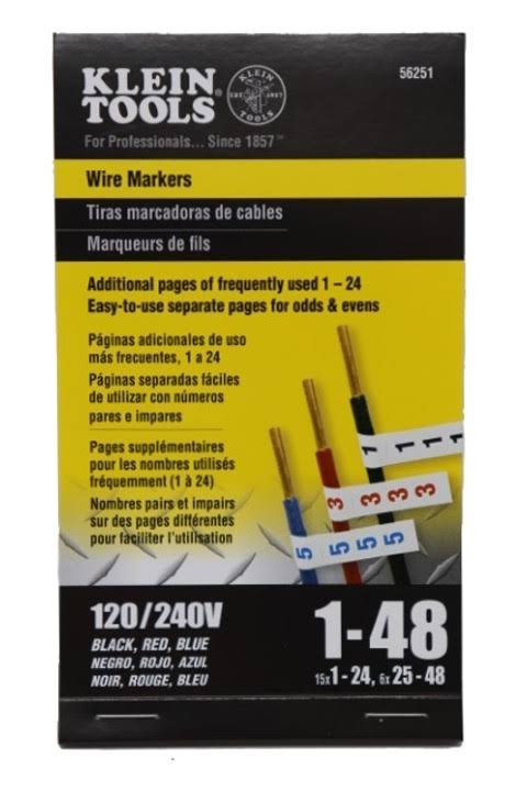 Klein Wire Markers Black/Red/Blue 120/240V 1-48 56251