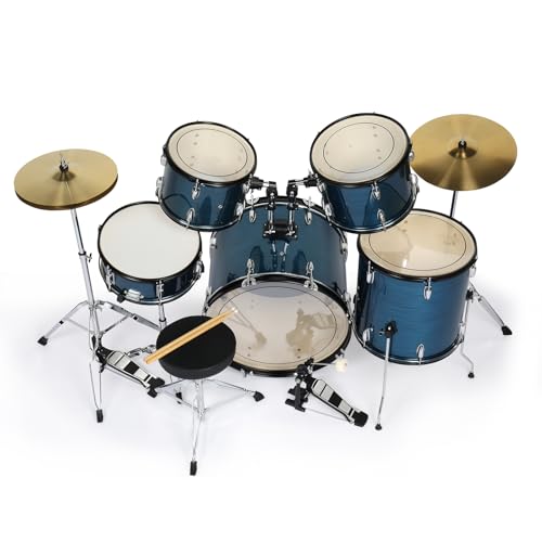 Ktaxon 22 Inch Adult Drum Set, 5-Piece Full-Size Drums Kit with Cymbal Stands, Hi-hat Stand, Sticks, Drum Pedal, Stool & Floor Tom for Beginner Teens Student (Blue)