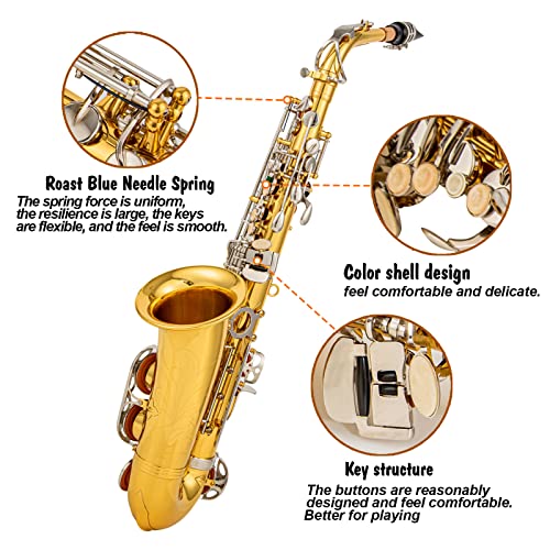 Black/gold keys E Flat Alto Saxophone Brass Engraved Eb E-Flat Natural White Shell Button Wind Instrument with Case Belt Brush (Black/gold keys)
