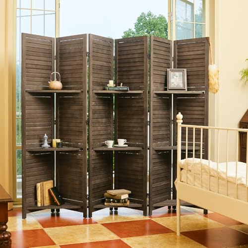 Room Divider with Shelves, 5.6 Ft Tall Folding Wood Screen with Double Hinges for Home Office Bedroom Hotel Decoration (6 Panels, Brown)