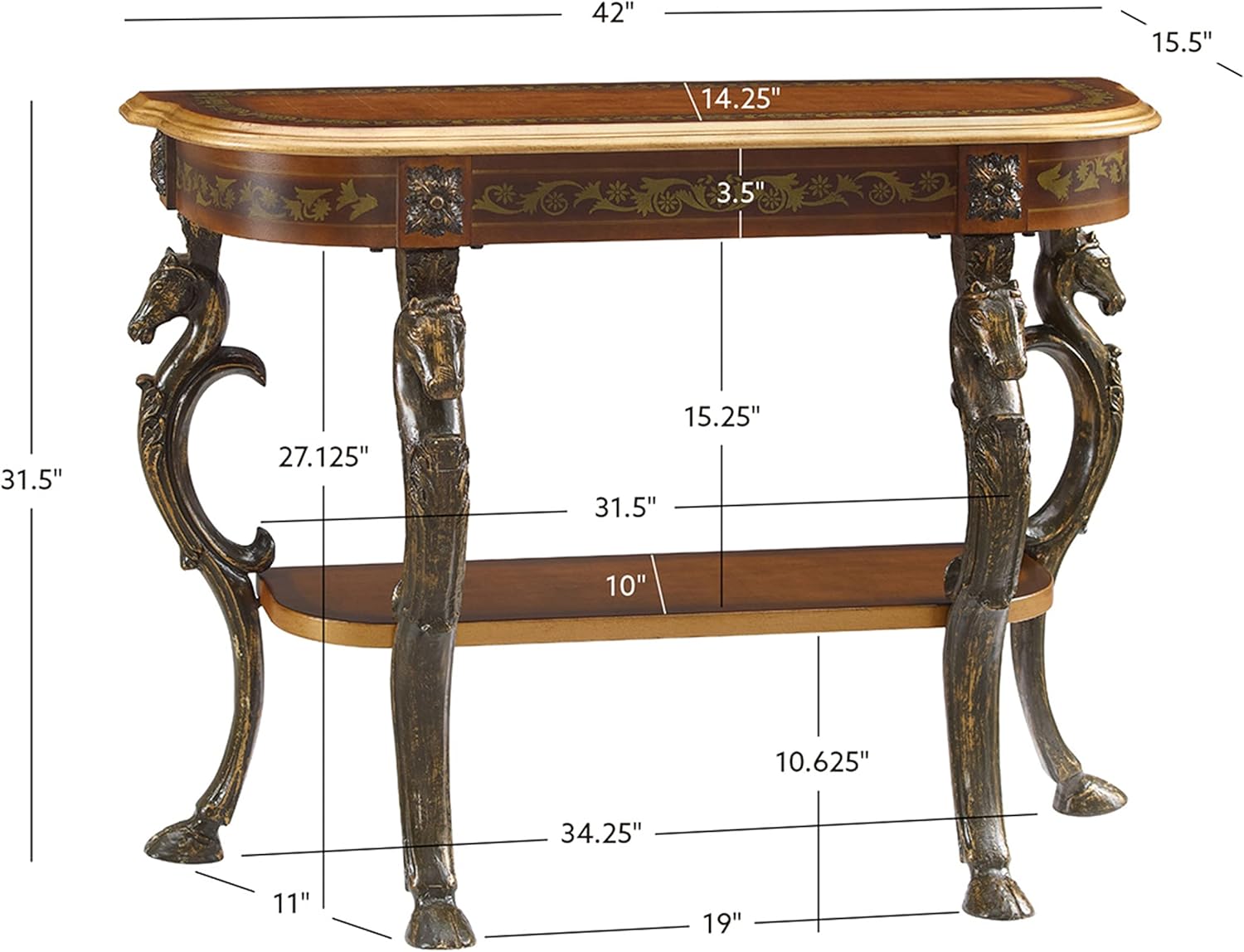 Powell Furniture Masterpiece Floral Demilune Powell Console Table, Brown and Gold 42 x 31.5 x 15.5