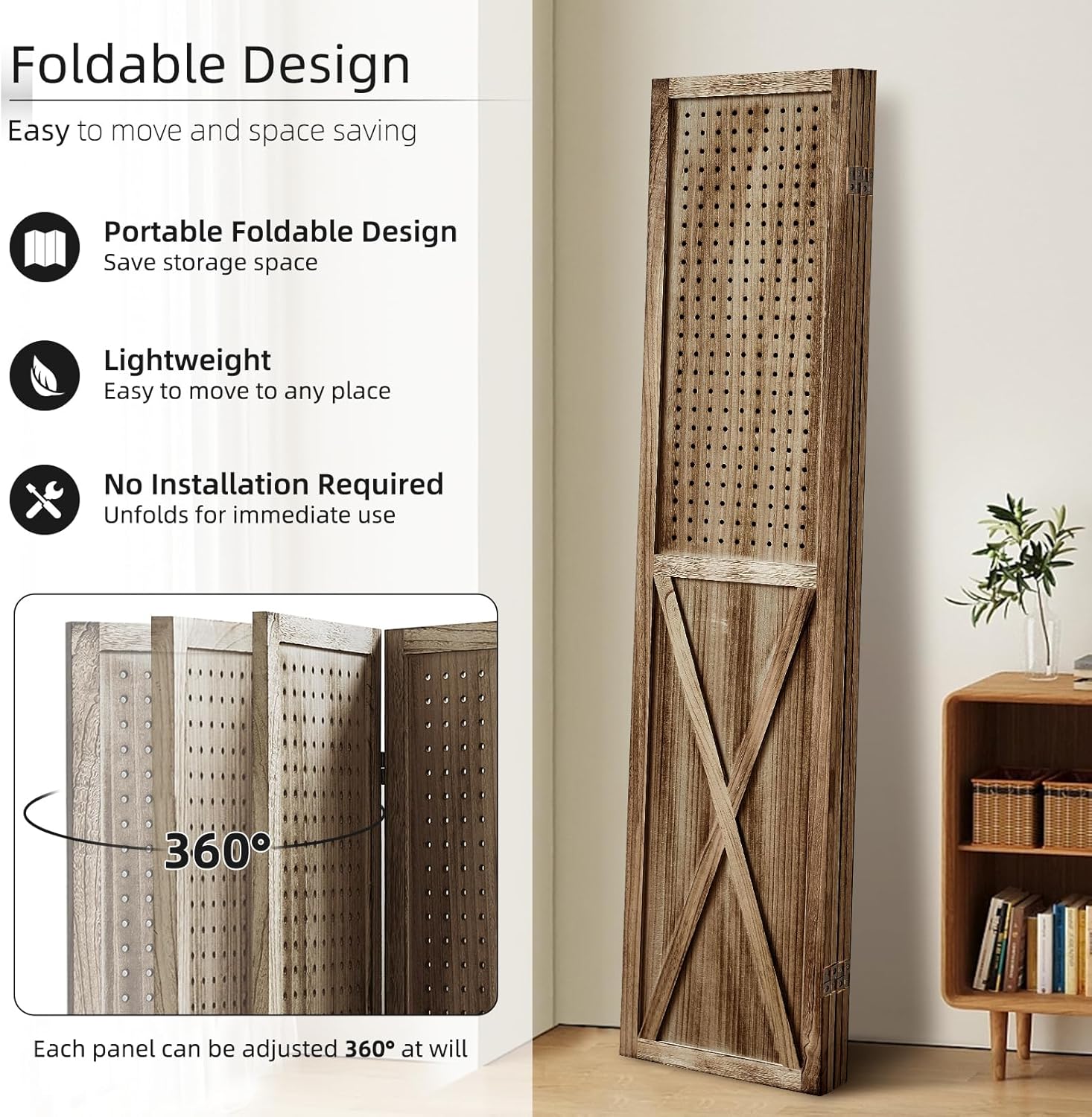 Pegboard Display Wood Room Divider 4 Panel, Folding Privacy Screens, Peg Board Room Divider, 5.6Ft Room Divider, Portable Pegboard Display Stand Organizer for Art, Jewelry, Craft Shows (Brown)