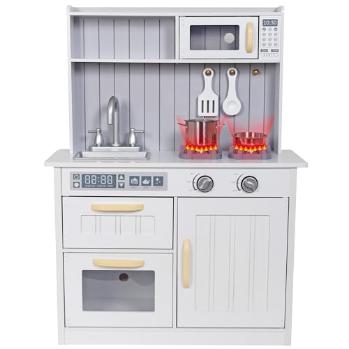 Kids Kitchen Playset,Children Play Kitchen for Toddler,Baby Toy Kitchen Set,Pretend Wooden Kitchen,Birthday Gifts with Play Sink Toy,Lights Sounds, Cooking Set for Kids Ages 1+Boys Girls