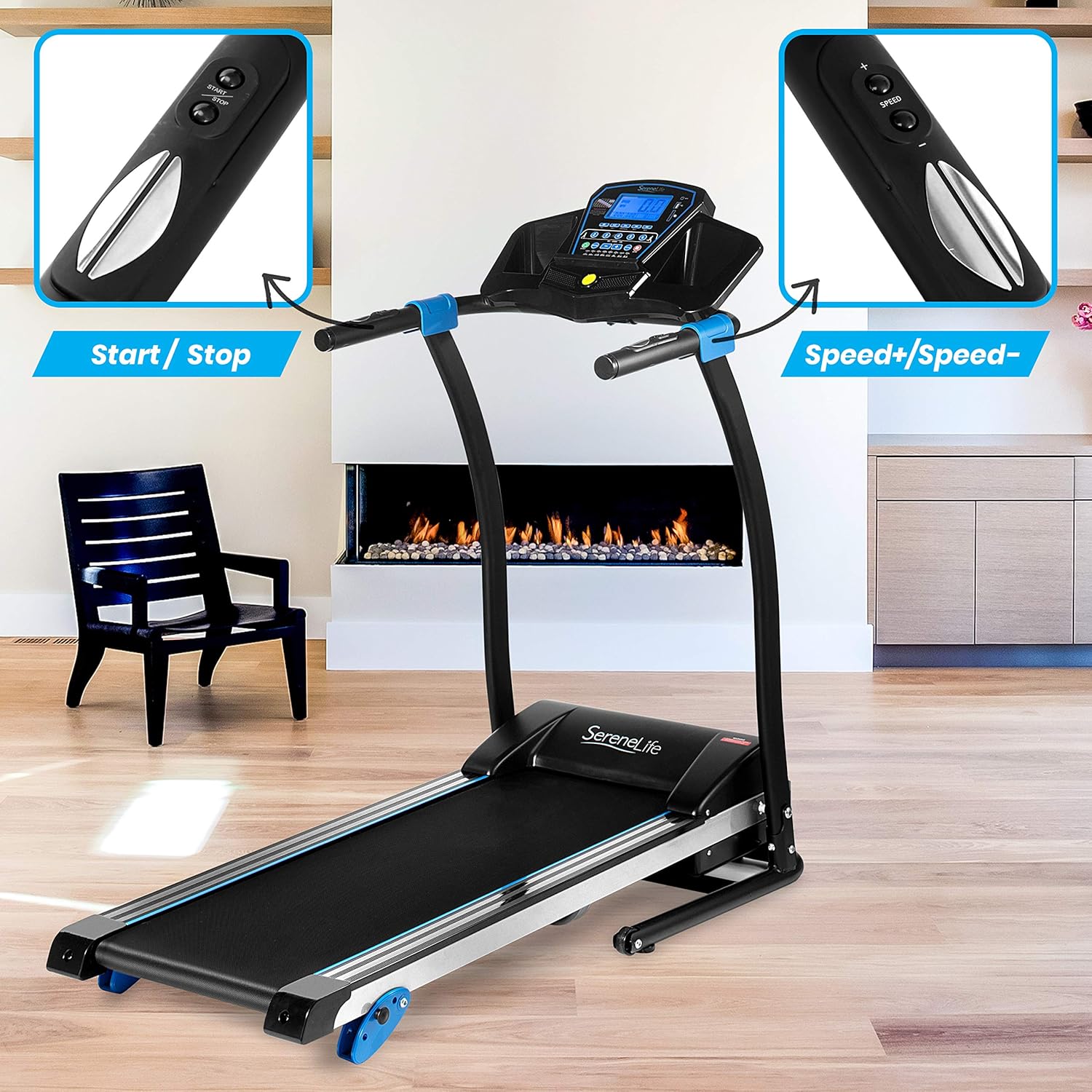 SereneLife Smart Digital Manual Incline Treadmill - Slim Folding Electric 2.5 HP Indoor Home Foldable Fitness Exercise Running Machine with Downloadable App, MP3 Player, Safety Key SLFTRD25.5