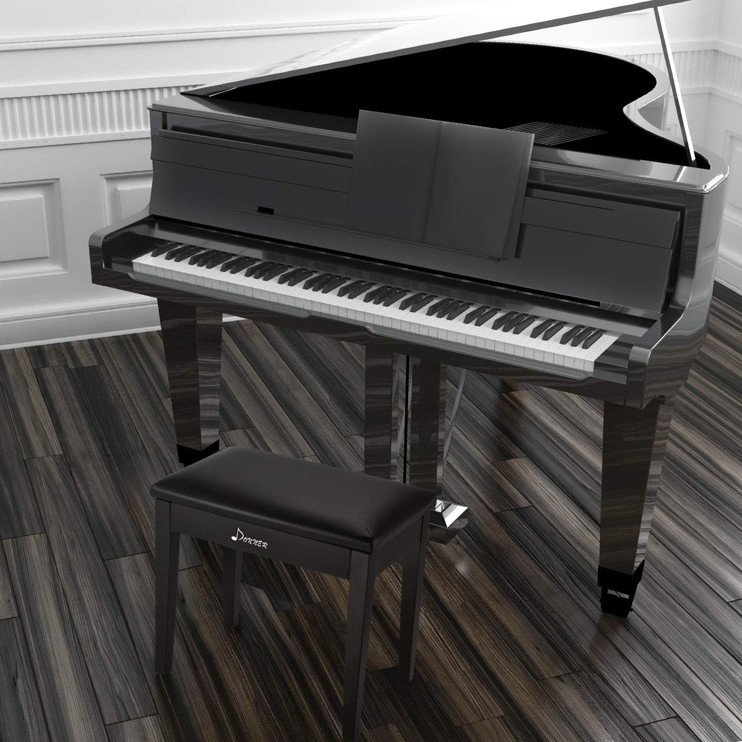 Donner Piano Bench with Storage, Solid Wood Keyboard Bench Piano Bookcase Stool Chair Seat with High-Density Sponges Pad, Black
