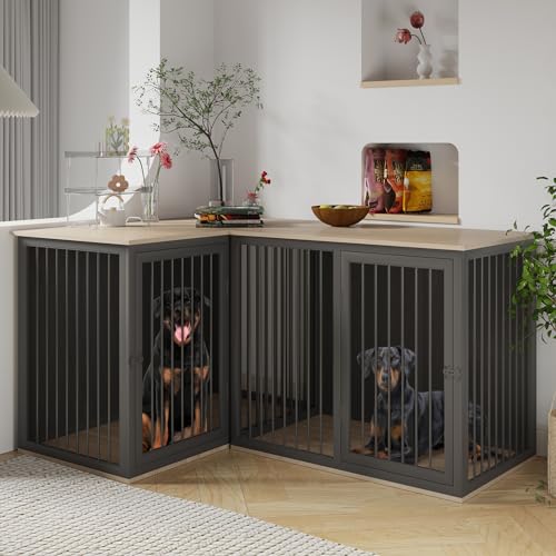 Dog Crate Furniture for 2 Dogs, 79.1" Large Dog Kennel Furniture with Dividers and Double Doors, All Steel Frame Double Dog Crate, 41.7" L X 22" W X 30.3" H, 37.4" L X 22" W X 30.3" H (Black Gray)