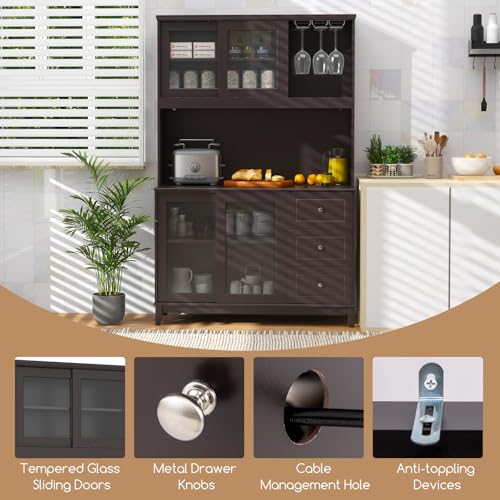 Giantex 73" Kitchen Pantry Storage Cabinet, Hutch Cabinet with LED Lights & Power Outlet, Kitchen Buffet Cabinet w/Wine Glass Racks, Countertop, Adjustable Shelves, Drawers for Dining Room (Espresso)