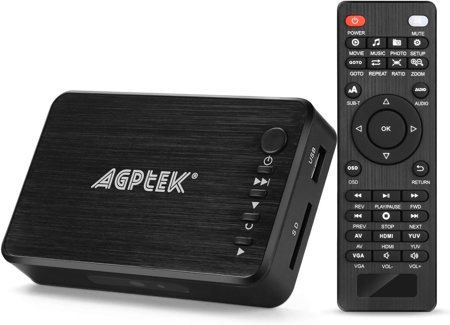 AGPTEK 1080P Media Player Read USB drive/SD card with HD HDMI/AV/VGA Output for RMVB/ MKV /JPEG etc with Remote Control