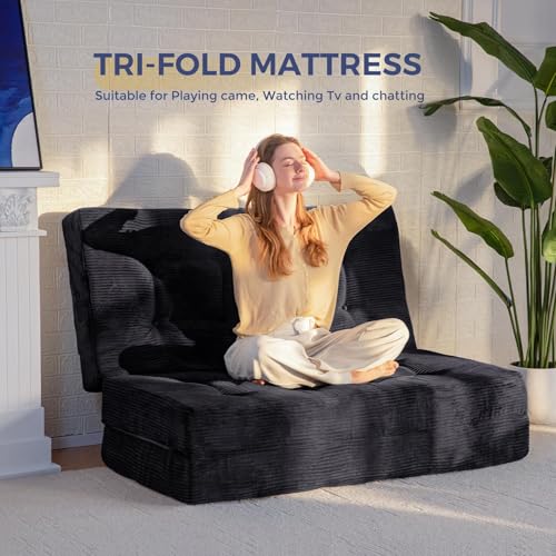 MAXYOYO Tri-Fold Mattress, 6 Inch Tufted Folding Mattress Full Foam Bed, Foldable Floor Mattress Guest Bed Mattress Topper Portable Camping Sleeping Bed with Corded Fabric, Black, 53"x75"