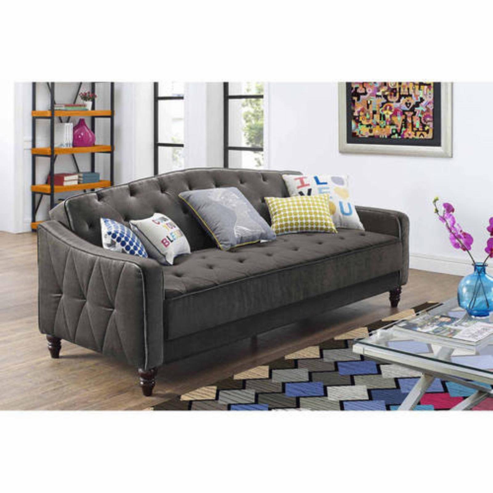 Novogratz Vintage Tufted Sofa Sleeper II- Gray Velvet