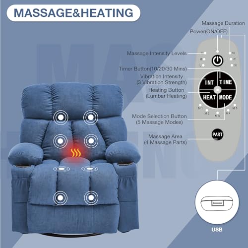Massage Rocker Recliner Chair with Heat and Vibration Ergonomic Rocking Lounge Chair for Living Room Comfy Overstuffed Recliner with 4 Side Pockets,2 Cup Holders, USB Charge Port, Grey