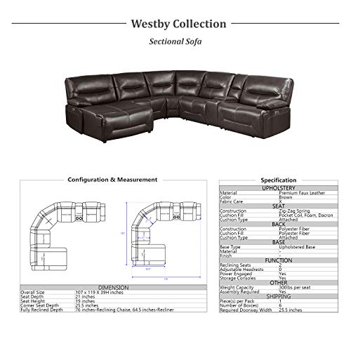 Lexicon Westby Power Modular Reclining Sectional Sofa, Right Side Chaise, Brown