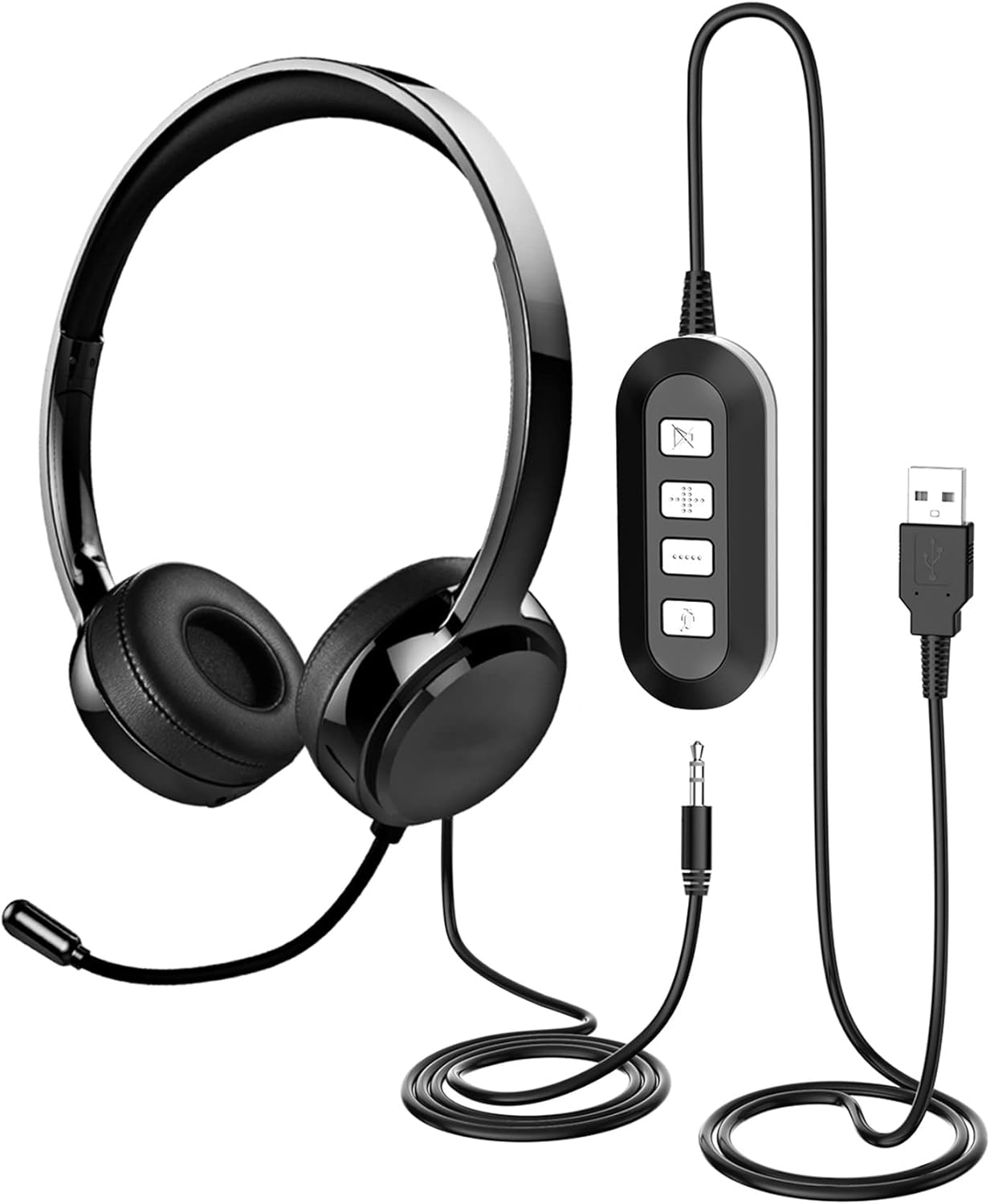 USB Headset with Microphone, 3.5mm Computer Headset with Noise Canceling&Volume Control, USB Headphones for PC, Lightweight Business Headset with Easy Mute for Zoom VoIP Skype Conference Home Office Pack of 2