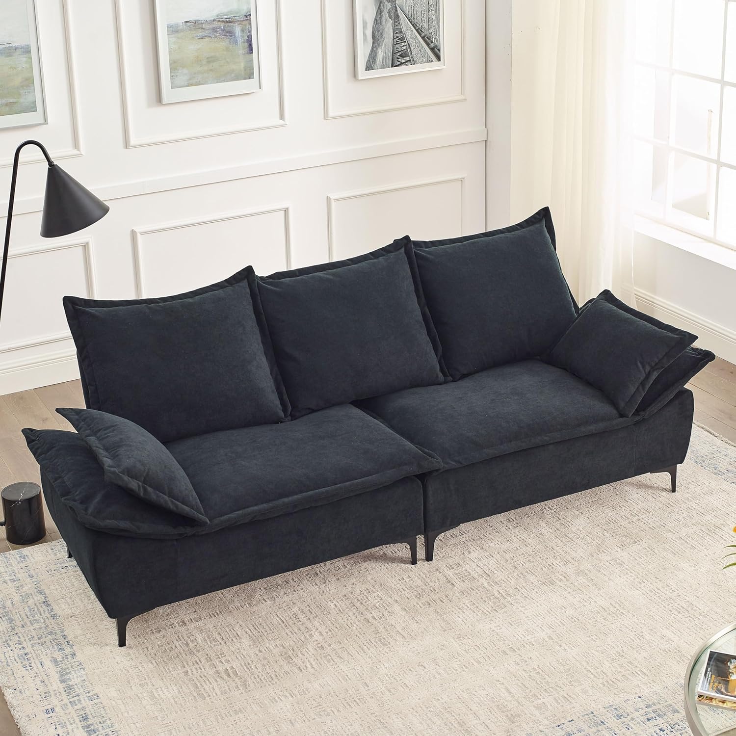 88.5" Sofa for Living Room, Modern Sofa Couch Sailboat Couches Dutch Velvet 3-Seater Sofa with 2 Pillows for Bedroom Apartment Small Space Black