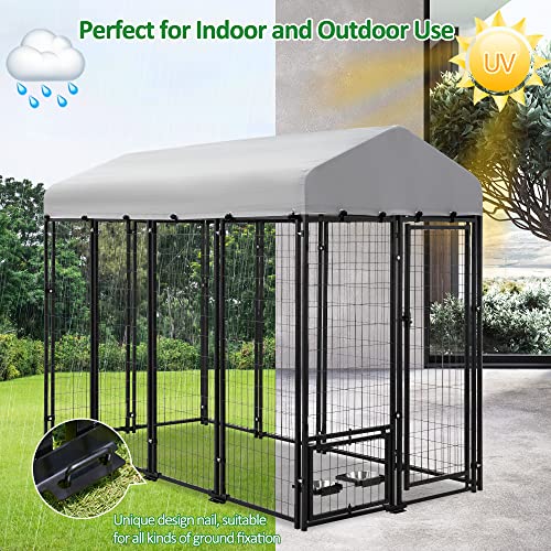 AHB Large Dog Kennel Outdoor Dog House, Heavy Duty Welded Wire Steel Fence Dog Cage with Waterproof UV-Resistant Cover, Feeding Door and Secure Lock (8x4x6 ft)