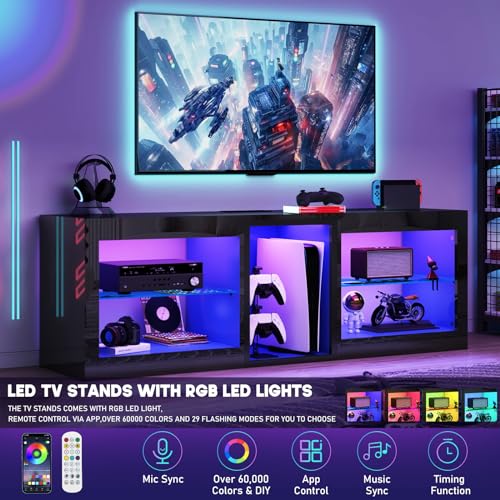 LED TV Stands W/Power Outlet for 50 55 60 65Inch TV,Black Entertainment Center W/70000-Colors Lights,High Gloss LED TV Console w/Adjustable Glass Shelves for Living Room Gameroom