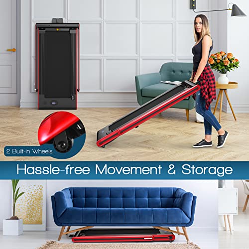 Goplus 2 in 1 Folding Treadmill, 2.25HP Electric Under Desk Treadmill W/LED Display, Blue Tooth Speaker, APP & Remote Control, Phone Holder, Walking Running Machine for Home Office Gym