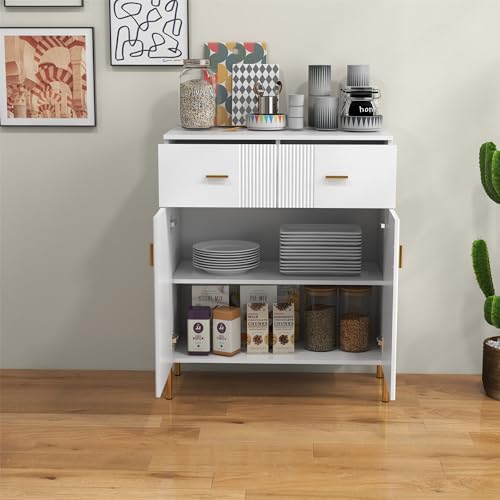 2 Door Sideboard Floor Storage with 2 Drawers and Shelves Buffet Cabinet Perfect for Living Room, Kitchen, Home Office, Entryway, Elegant White Finish