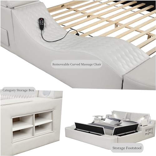 Multifunction King Bed Frame, Luxury Leather Bed Frame with Adjustable Headboard Massage Recliner/USB Port/Music Speaker/Storage Footstool/Storage Shelf, Modern Smart Bed(Black)
