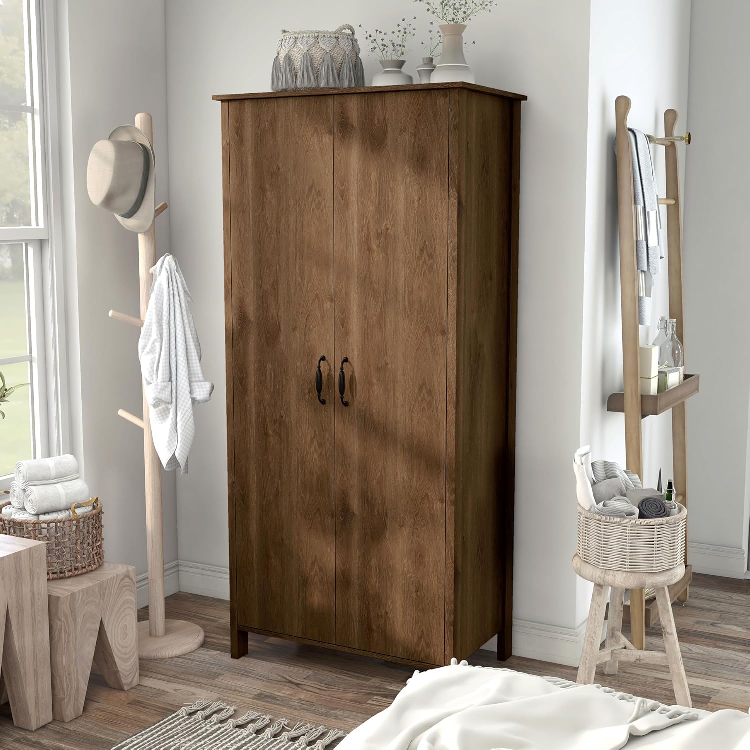 24/7 Shop at Home Piper Farmhouse 2-Doors Wood Armoire Wardrobe Closet with Fixed Shelves and Hanging Rack, Freestanding Clothes Cabinet for Bedroom, Guest room, Basement, Walnut Brown