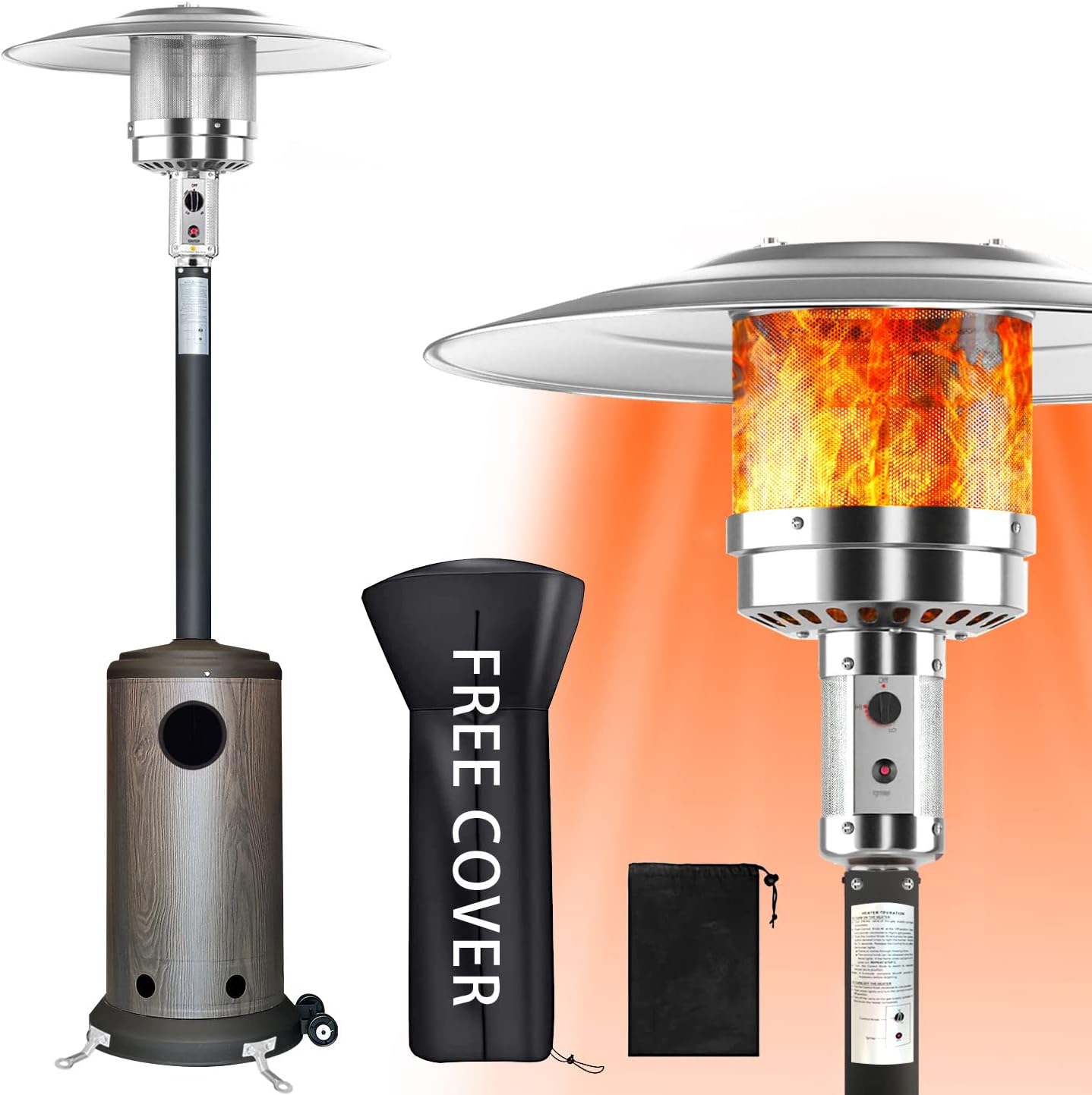 Patio Heater Propane with Cover - Outdoor Heaters For Patio Propane Heater Floor Standing with Wheels - Commercial Stainless Steel Gas Space Heaters for Outside Tent Camping, Porch, Pool and Garden(Bronze)