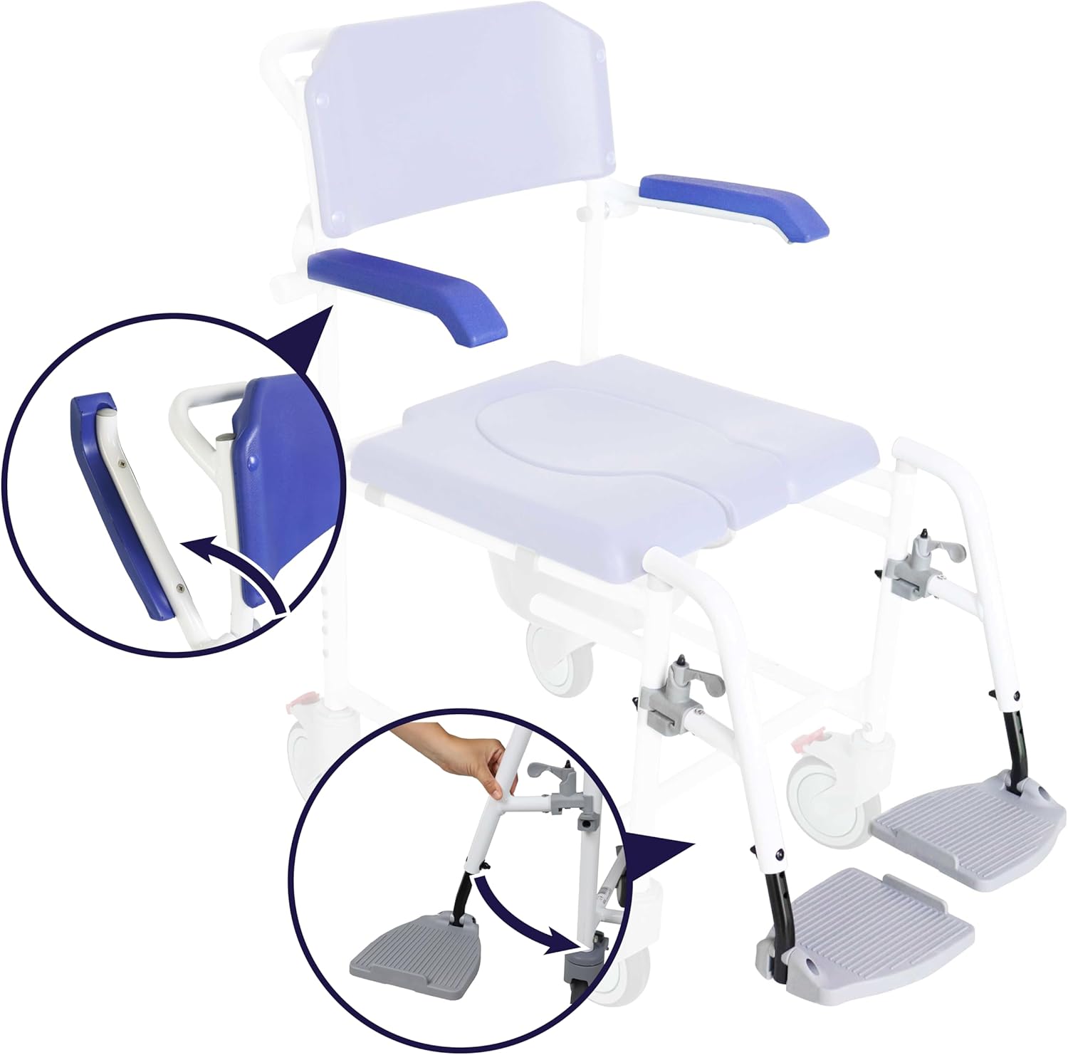 KMINA PRO - Shower Commode Wheelchair with 4 Lockable Wheels for Elderly, Rolling Shower Chair, Adjustable Shower Wheelchairs for Adults, Shower Wheelchair for Inside Shower Blue